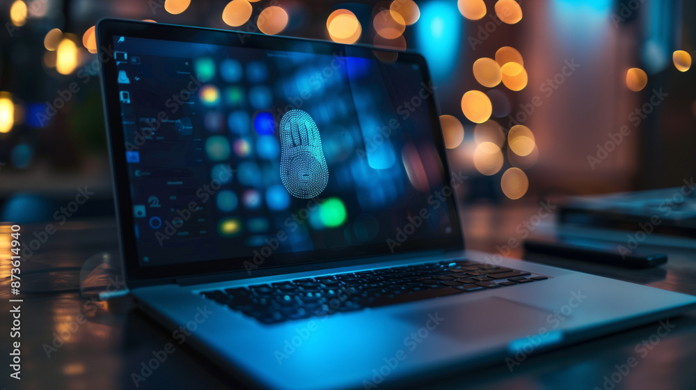 Poster a laptop on the table encrypted with fingerprint authentication modern digital cyber security techno
