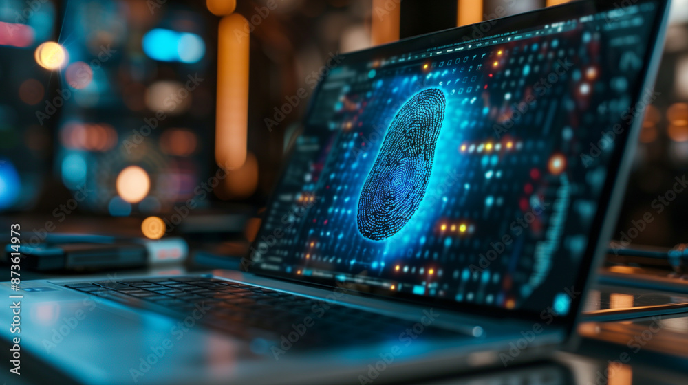 Poster a laptop on the table encrypted with fingerprint authentication modern digital cyber security techno