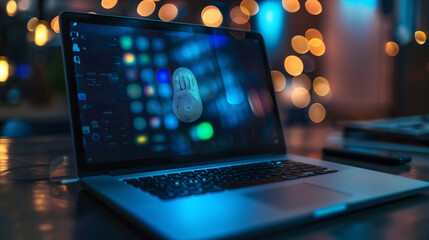 a laptop on the table encrypted with fingerprint authentication modern digital cyber security technology futuristic data protection tech 