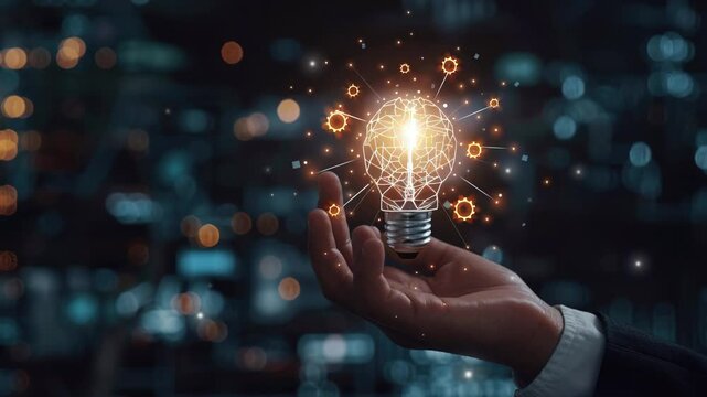 Digital technology background. Hand holding lightbulb and brain icon for smart technology innovation concept. Futuristic technology. Smart network connection structure. Modern Tech. Copy space area