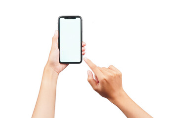 Female hand holding phone isolated transparent