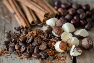 Fototapeta premium Tempting array of coffee beans, cinnamon, and assorted chocolates on a rustic wooden background