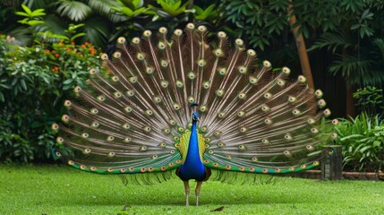 Obraz premium Peacock Displaying Its Feathers In A Lush Garden.