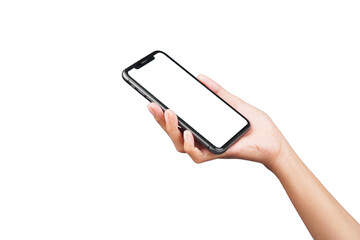 Female hand holding phone isolated transparent