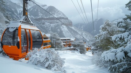 Modern cable car in a snowy mountain resort, carrying Black Friday shopping bags and winter deals.