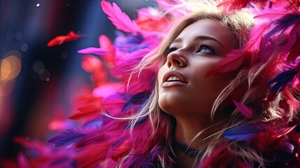 Fototapeta premium A music artist wearing a purple feather boa around her head at a performing arts event. The boa is a vibrant magenta color, adding a touch of entertainment to her outfit