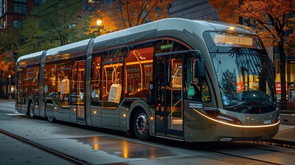 Fototapeta premium Modern electric bus in a green urban setting, showcasing Black Friday shopping bags and sustainable deals.