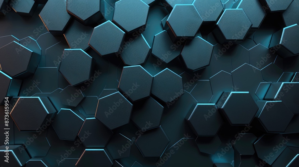Poster abstract 3d hexagonal shapes with teal highlights. digital image of 3d hexagon or honeycomb shape wi