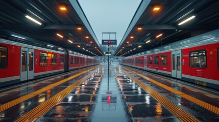 Empty Railway Platform with Wet Floor and Two Trains