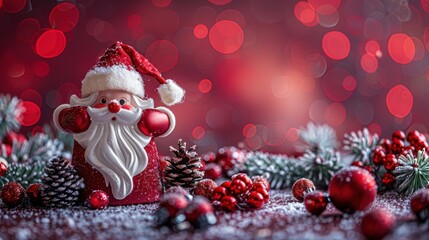 Santa Claus figurine surrounded by Christmas decorations, pinecones, and berries, capturing the festive spirit of the holiday season.