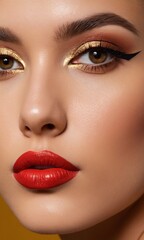 Portrait of a woman's face, cat eye makeup, bright red lipstick lips, perfect makeup, glossy red lips, beauty and seductiveness, concept of makeup and cosmetic themes, skin care