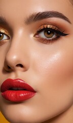 Naklejka premium Close up of a woman face, bright red lipstick lips, perfect make up