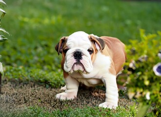 Fototapeta premium puppy Bulldog dog in garden. High quality photo