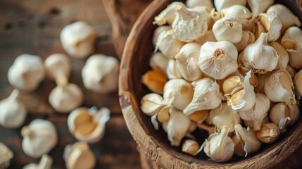 Fototapeta premium Garlic bulbs in wooden bowl