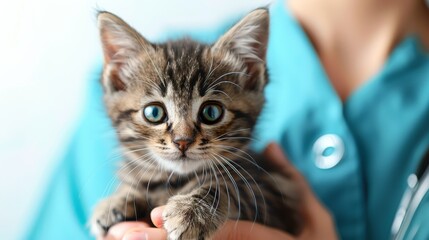 Caring Veterinarian in Blue Uniform Holding Adorable Little Kitten at Animal Hospital, Isolated on White Background with Copy Space for Commercial Use