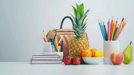  A neatly arranged back-to-school setup with a decent bag filled with books, various stationery supplies, and fresh fruit , all on a solid white background. 
