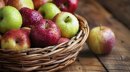 Basket of fresh apples on wooden table