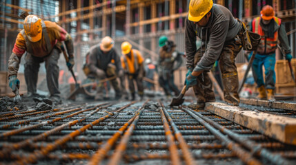 Construction workers in safety gear working on a rebar grid at a building site, highlighting teamwork and industrial themes.