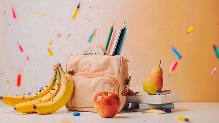  A well-lit scene showcasing a collection of school supplies, including a decent bag, a book, a pen, a pencil, an apple, and  bananas, all set against a backdrop of vibrant splashes. 
