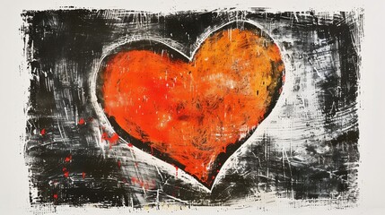 A bold red heart painting with a grunge texture, set against a distressed black and white background, symbolizing intense emotion.