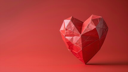 A geometric origami heart made from red paper set against a matching red background, symbolizing love and creativity.