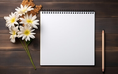 Blank notebook with pencil and white flowers on brown wooden background.