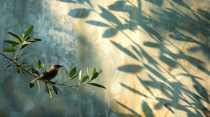 Obraz premium A small bird perched on a branch with shadows cast on a textured wall, creating a peaceful and artistic scene.