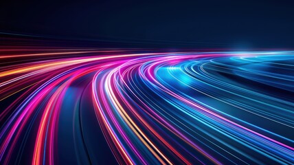 Vibrant Neon Light Trails on a Dark Background Representing Speed and Technology