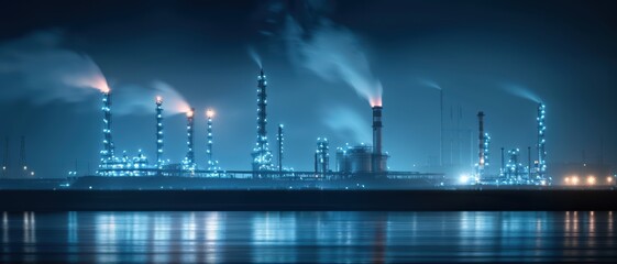 Industrial Refinery at Night with Illuminated Towers and Smoke Stacks Reflecting on Water
