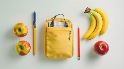  A neatly arranged back-to-school setup with a decent bag filled with books, various stationery supplies, and fresh fruit , all on a solid white background. 
