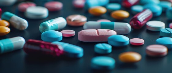 Colorful Assortment of Various Pills and Capsules on a Dark Background