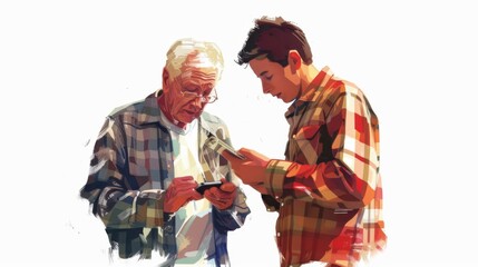 Fototapeta premium Passing on Digital Knowledge - Young man teaching older man to use smartphone in realistic digital painting on white background