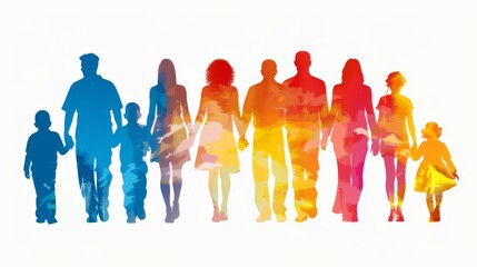 Obraz premium Vibrant Modern Art Family Portrait - Generational Diversity in Bold Colors on White Background