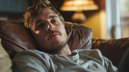 White american handsome man In Boredom, lying on sofa