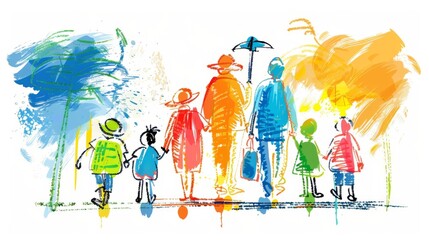 Family Fun at the Zoo - Childlike Drawing of Grandparents and Grandkids, Colorful Illustration on White Background