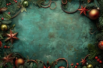 Holidaythemed border with decorations and pine branches on a textured green backdrop