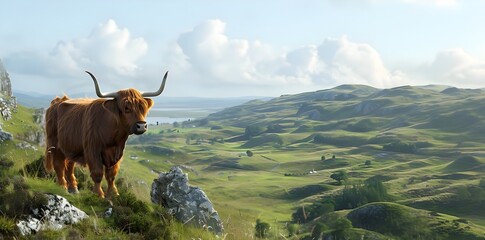 Scottish Highland Cow On A Grassy Mountain