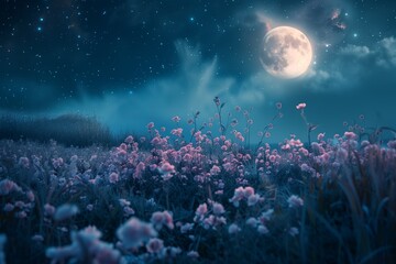 Sky at night with fantasy moonlight. Background light on moon with beautiful meadow garden