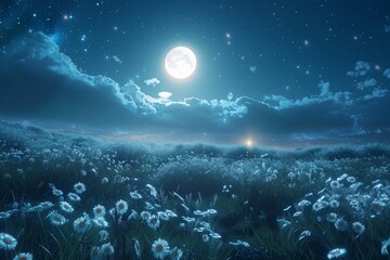 Night light in fantasy moon sky with flora blossom.