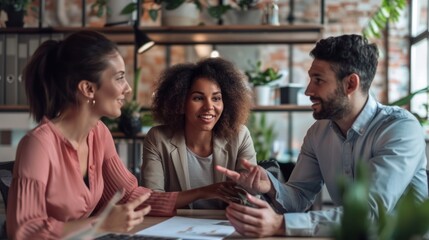 Fototapeta premium Happy businesspeople laughing while collaborating on a new project in an office. Group of diverse businesspeople working together in modern workspace.