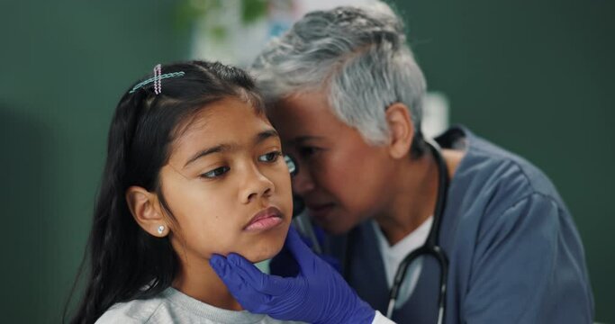 Nurse, kid and check ear with otoscope for healthcare, wellness and service in hospital. Ent, girl and child with medical pediatrician for test, hearing exam or diagnosis of patient with audiologist