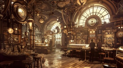 Obraz premium Host in a stylish set, steampunk, sepia tones, sketch, mechanical and vintage decor.,