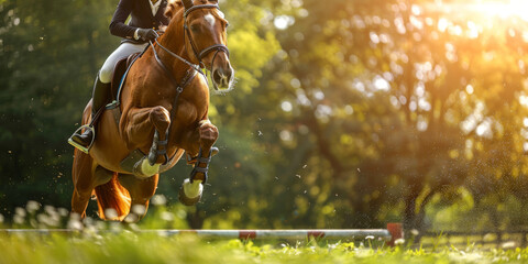 Rider on a horse jumping over an obstacle in a sunlit field, showcasing equestrian sport and outdoor activity.