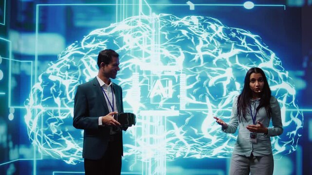 Tech experts presenting VR headset and AI tech during summit presentation, exploring successful implementation of artificial intelligence and virtual reality in driving forward businesses, camera B