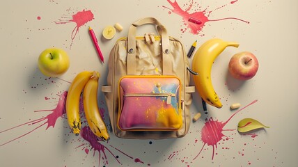  A well-lit scene showcasing a collection of school supplies, including a decent bag, a book, a pen, a pencil, an apple, and  bananas, all set against a backdrop of vibrant splashes. 
