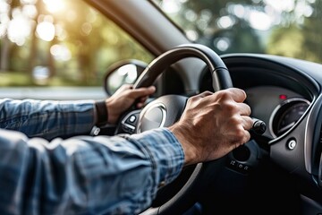 Naklejka premium Close up of male hands on steering wheel of a car driving on the road