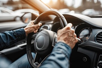 Close up of male hands on steering wheel of a car driving on the road
