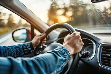 Close up of male hands on steering wheel of a car driving on the road
