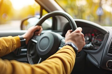 Close up of male hands on steering wheel of a car driving on the road