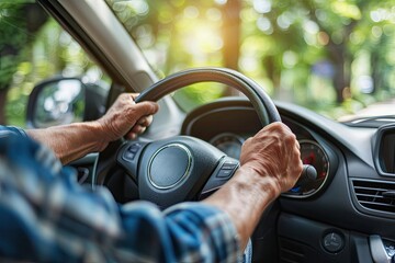 Close up of male hands on steering wheel of a car driving on the road